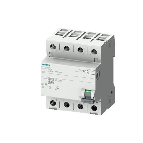5SV3346-3KK60 SIEMENS interruptor diferencial, 4 polos, tipo F, In: 63 A, 30 mA, 6 mA DC, Un AC: 400 V, movi..