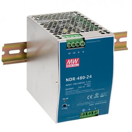 NDR-480-24 MEANWELL Fuente de alimentación conmutada, Entrada: 90-264VCA, Salida: 24VCC, 20A. Potencia: 480W..