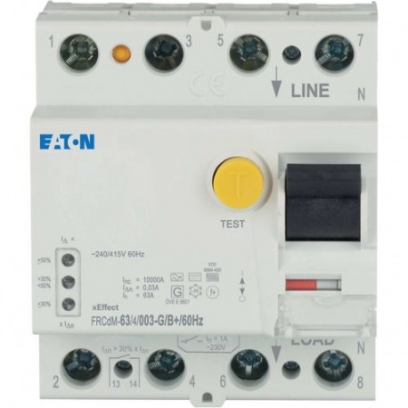 FRCDM-63/4/003-G/B+/60HZ 180425 EATON ELECTRIC Interruptor diferencial, 63A, 4p, 30mA, Clase G/B+, 60Hz